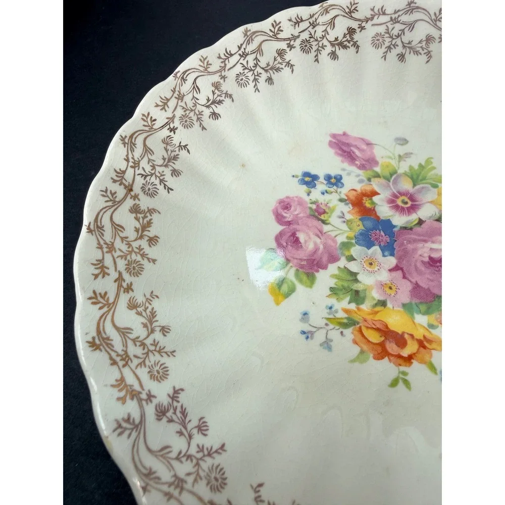 Grandmacore Southern‎ Potteries Vintage Floral Bowl 22Kt Gold Filigree Scalloped